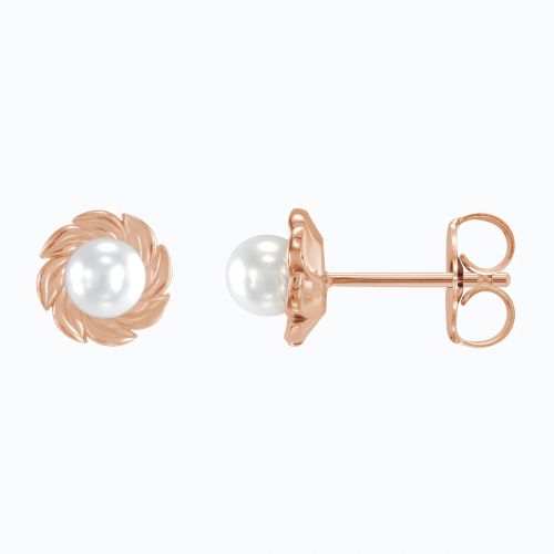 Leaf Motif Cultured Akoya Pearl Stud Earring, 14k Rose Gold